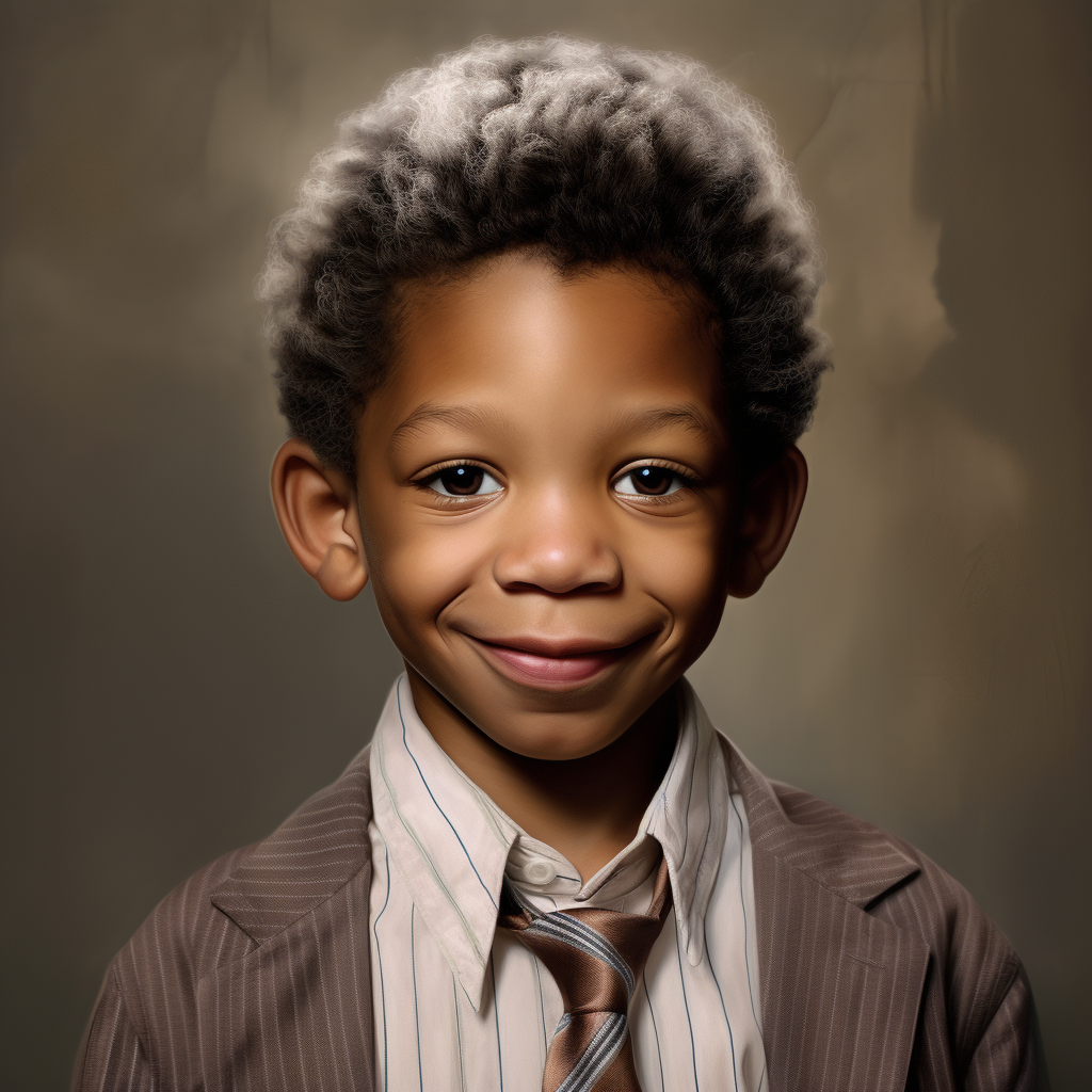 A smiling young Black boy with a medium-dark complexion, a short, loose Afro, and wearing a jacket, shirt, and tie