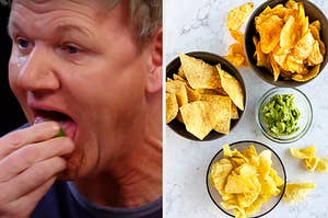 On the left, Gordon Ramsay licking a lime, and on the right, a bowl of tortilla chips and two bowls of potato chips