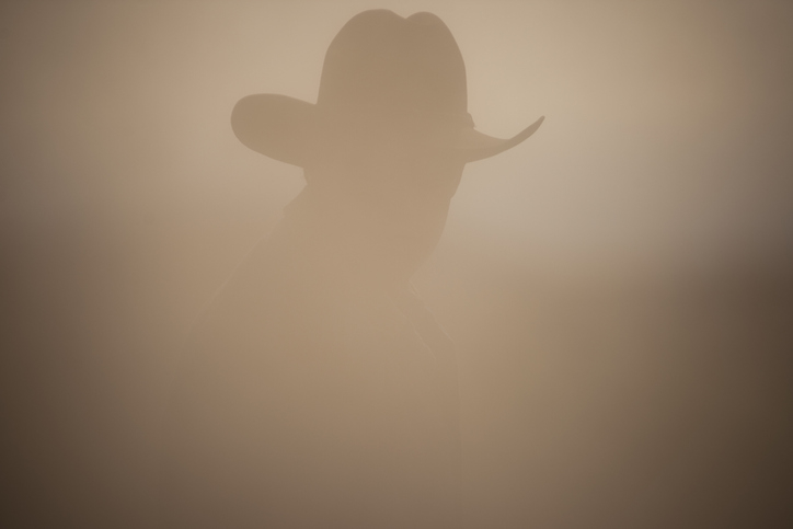 A man with a cowboy hat on obscured by dust