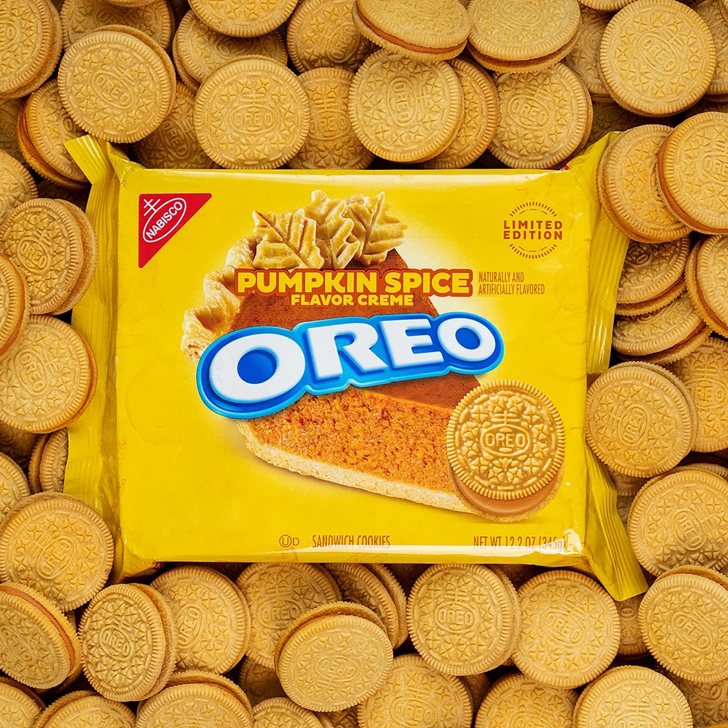 The Oreos, consisting of two golden cookies with orange filling
