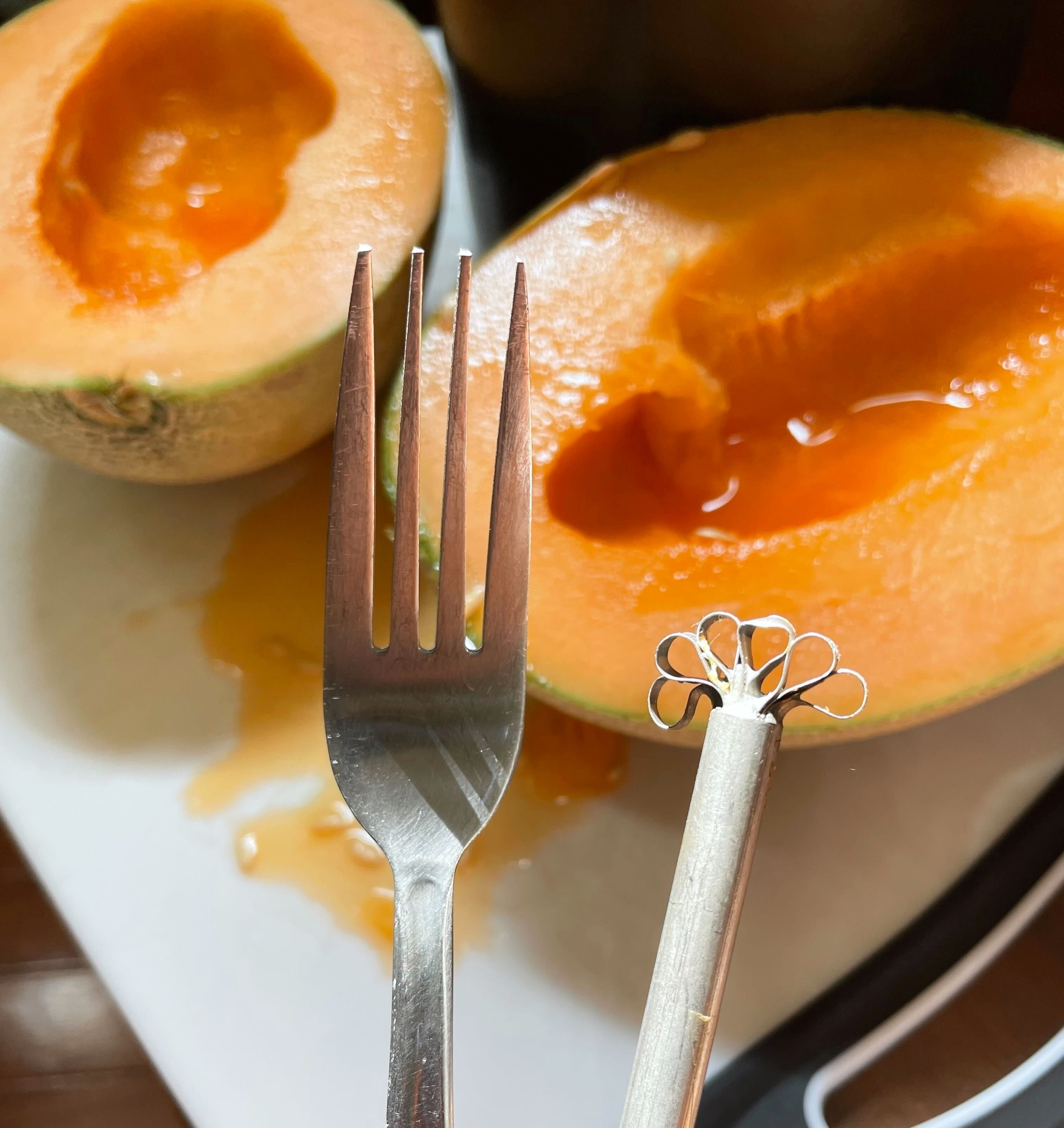 The author is holding up a fork and a melon grater above a cut cantaloupe on a plate