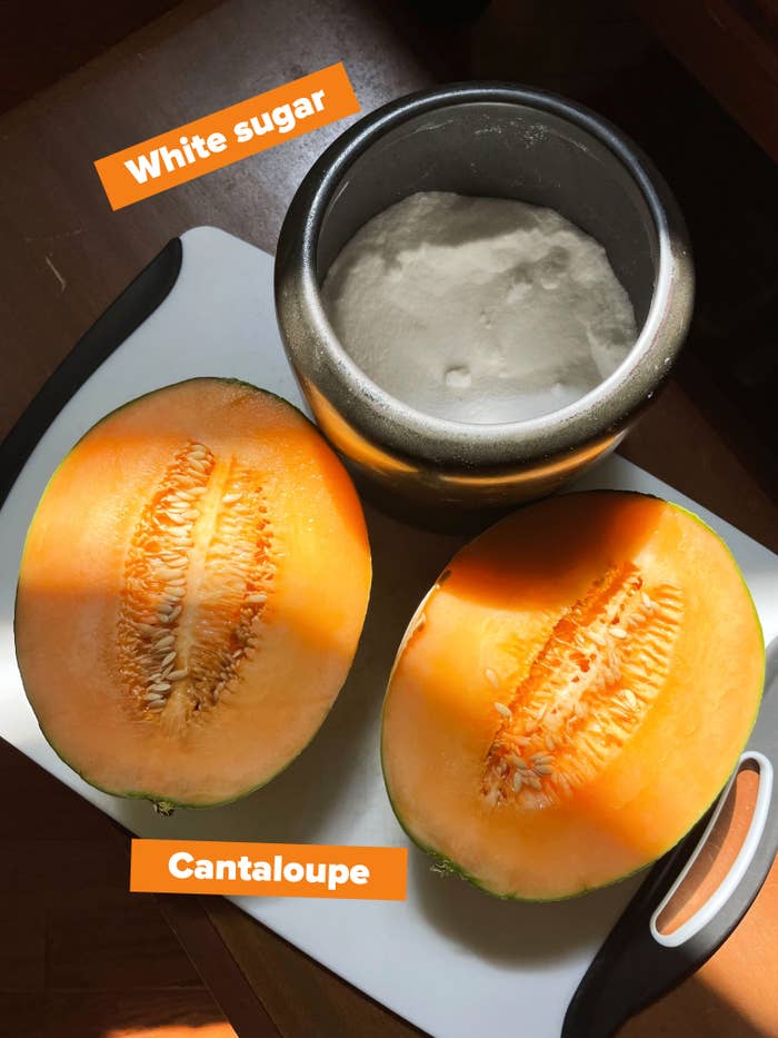 The ingredients for the Melon drink is laid out: a cantaloupe and white sugar. Not pictured is water