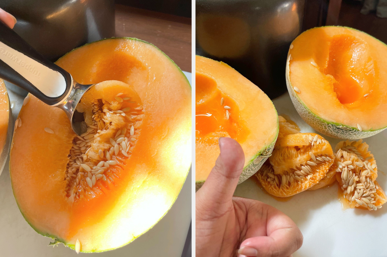 The author is scooping out the seeds from the cantaloupe