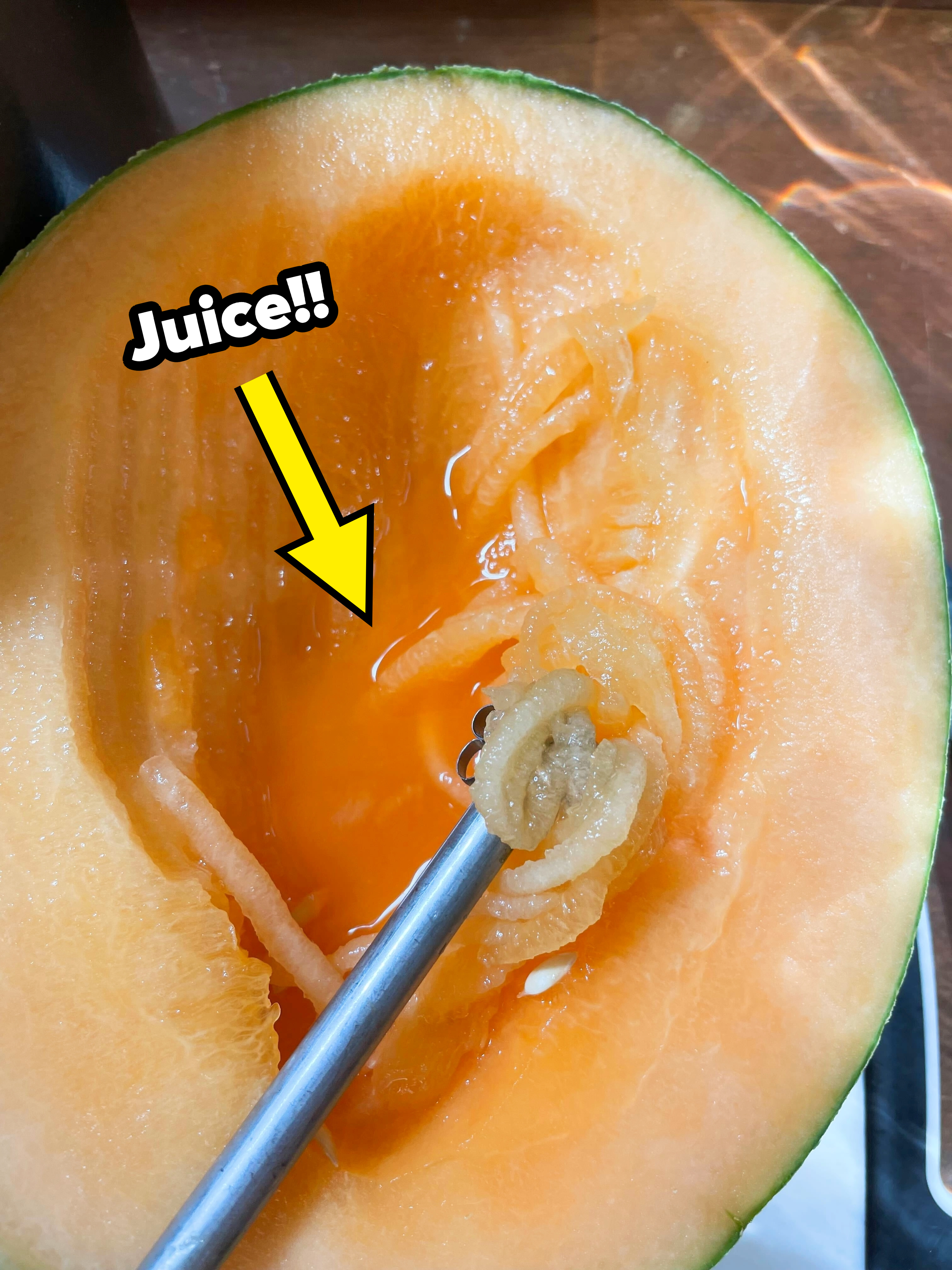 The author is scraping out the melon; the annotation reads, &quot;Juice!!&quot;