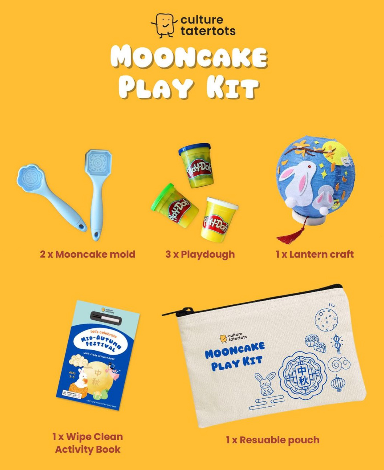 Contents of the Mooncake play kit on yellow background.