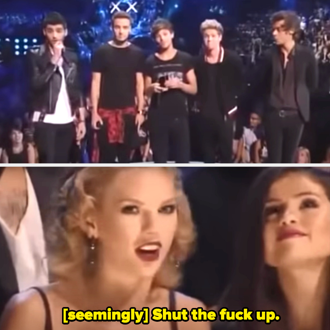 one direction on stage and taylor sitting with selena gomez mouthing something