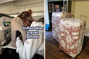 on left: reviewer using gray inflatable travel pillow while sitting in a plane seat. on right: pink and white floral-print luggage set