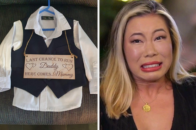 kid's wedding outfit with a sign that says "last chance to run daddy, here comes mommy" with a cringing reaction image