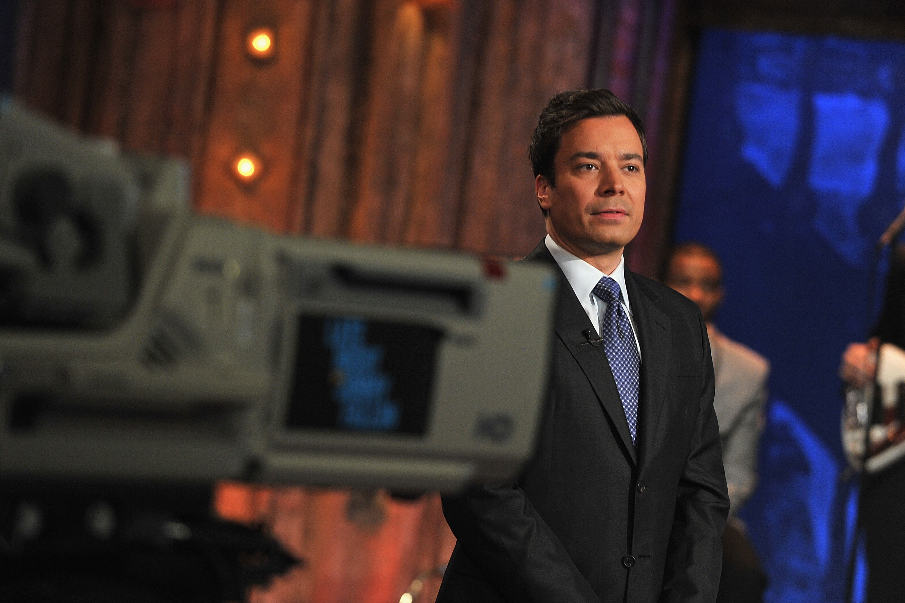A camera points at Jimmy during taping of his show