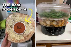 hand holding up frozen pizza, two tier steamer on countertop