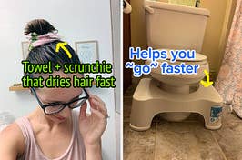 A reviewer wearing a hair scrunchie that is also a towel/A device around the base of a reviewer's toilet that helps you use the bathroom faster