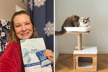 on left: reviewer holding package of body restore shower steamers. on right: brown and white cat sitting on top of mid-century modern-style cat tower