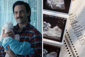 On the left, Mile Ventimiglia holding two babies as Jack on This Is Us, and on the right, a spiral notebook with names written in it and ultrasound baby pictures next to it