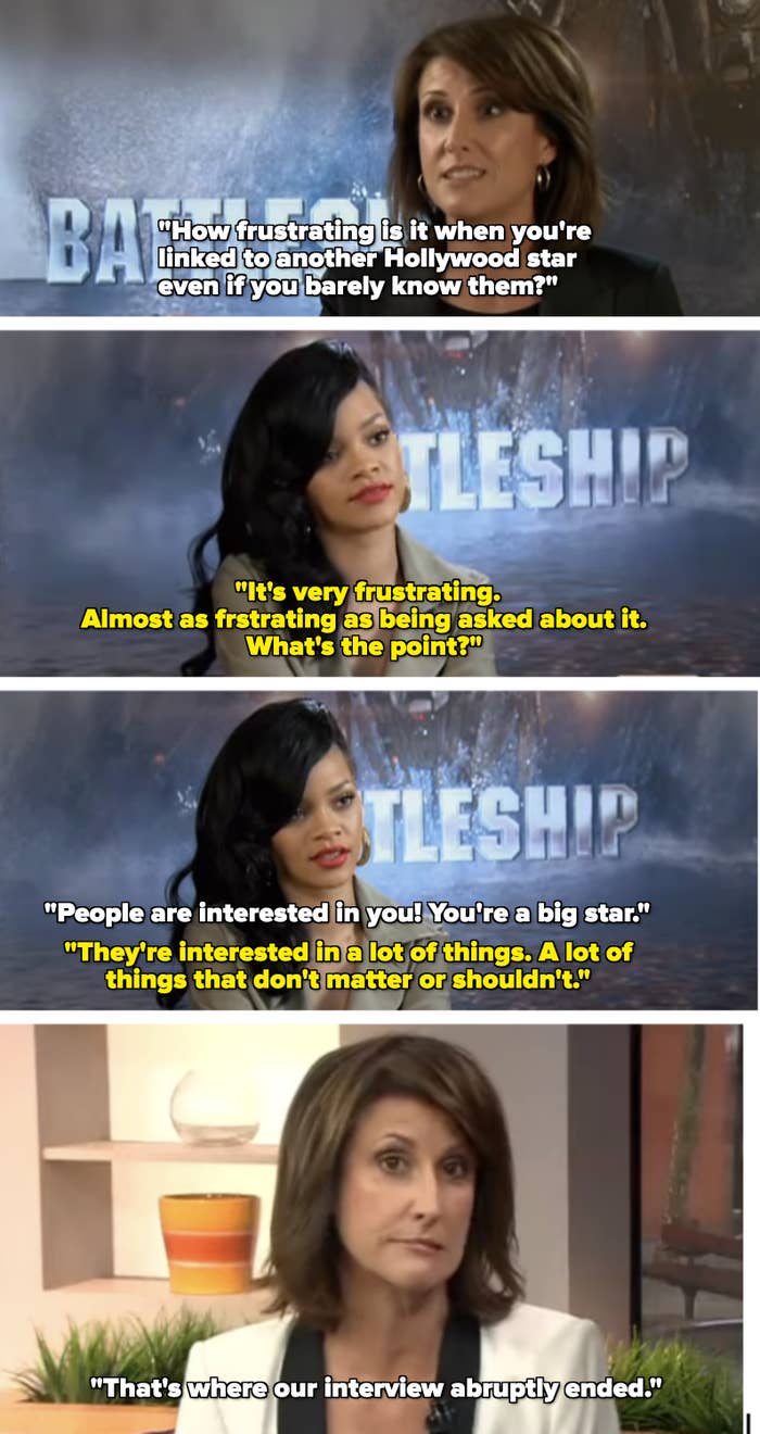 interviewer asking about Rihanna's personal life and then saying, that's where our interview abruptly ended