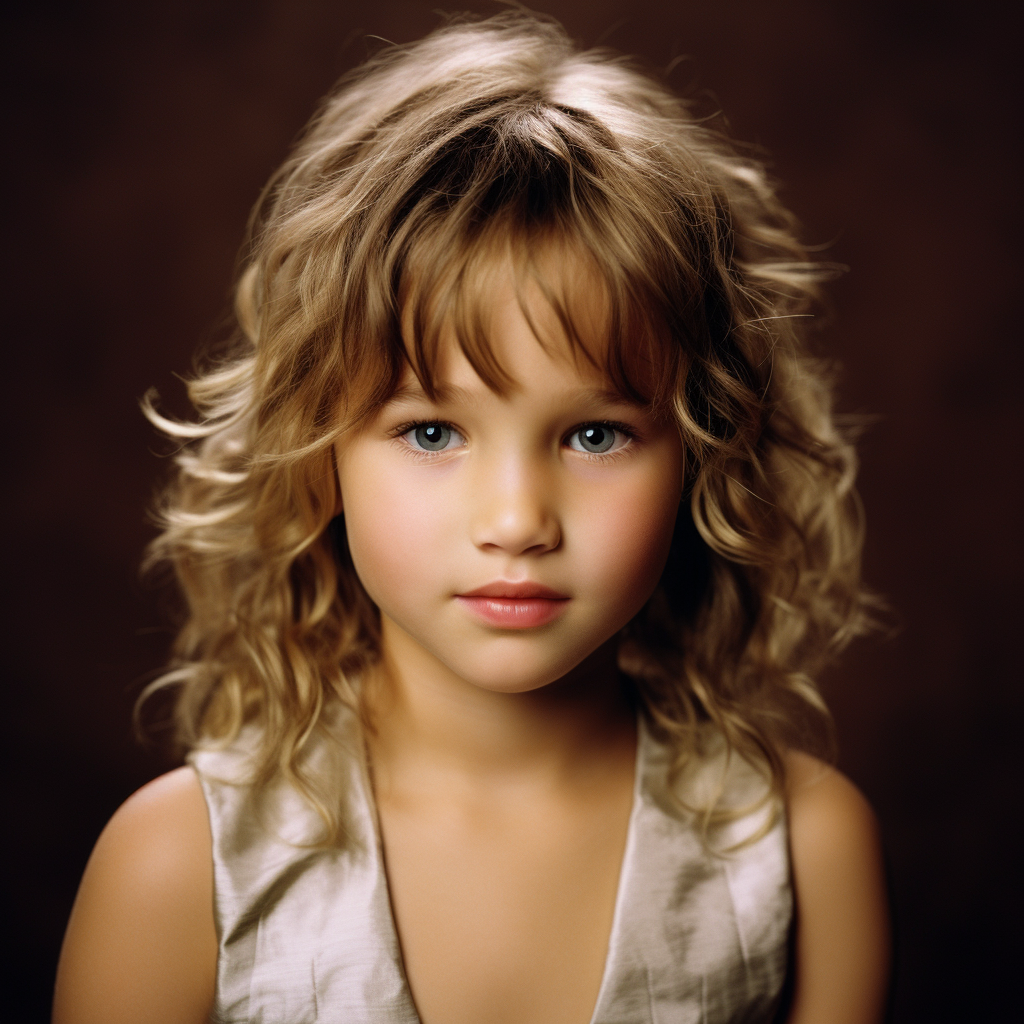 A young girl with a light complexion, blue eyes, and curly, shoulder-length blonde hair