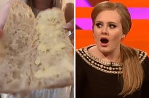 a baguette with butter on and adele looking shocked