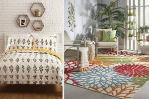 on left: leaf-print comforter and matching pillowcases. on right: floral-print rug below white arm chairs