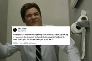 man sitting on toilet with tweet about delta flight explosive diarrhea