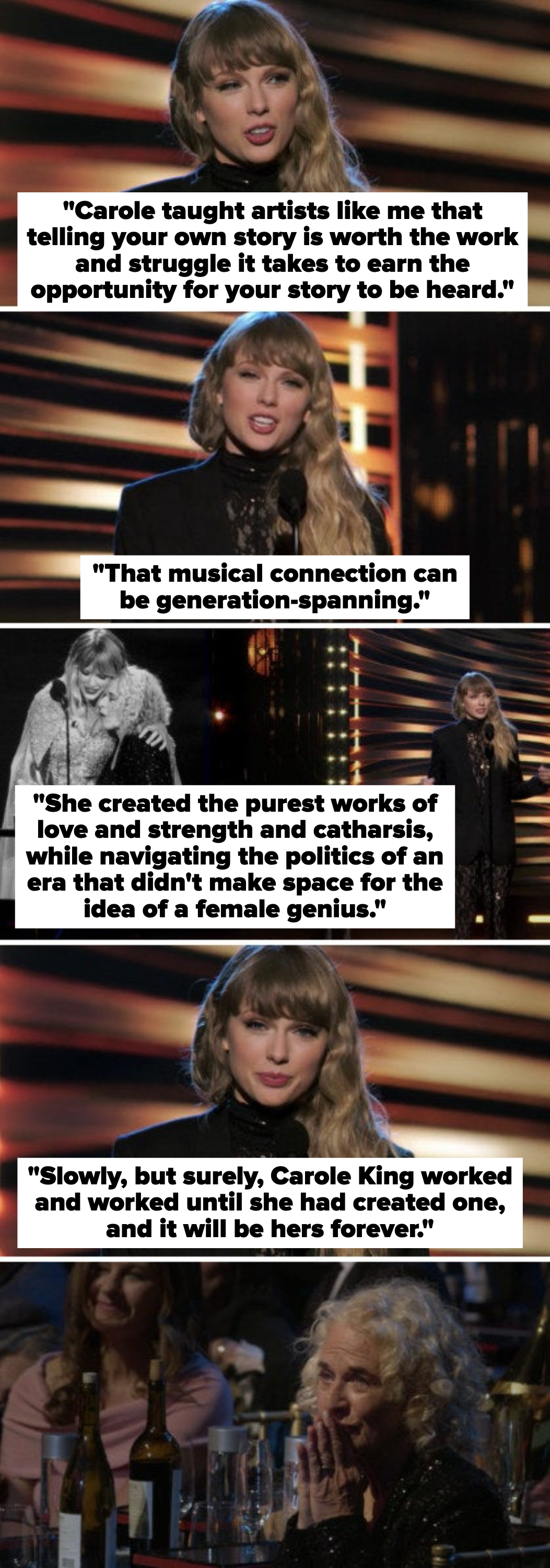 Taylor Swift on Carole King: &quot;She created the purest works of love and strength and catharsis, while navigating the politics of an era that didn&#x27;t make space for the idea of a female genius&quot;