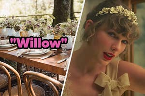 A rustic wedding table and Taylor Swift in her "Willow" music video.
