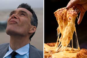 oppenheimer on the left and cheese pizza on the right