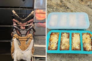 on left: hanging bra organizer. on right: blue souper freezer tray with pre-made lasagnas