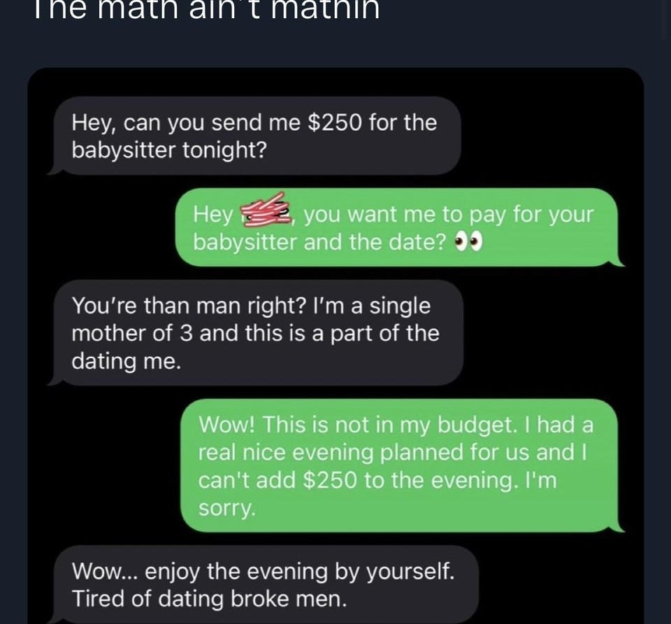 person asking for $250 for a babysitter from her date