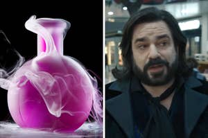 On the left, a steaming potion in a bottle, and on the right, Laszlo from What We Do in the Shadows