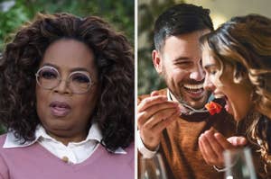 Oprah looking shocked and a man feeding a woman at a dinner party