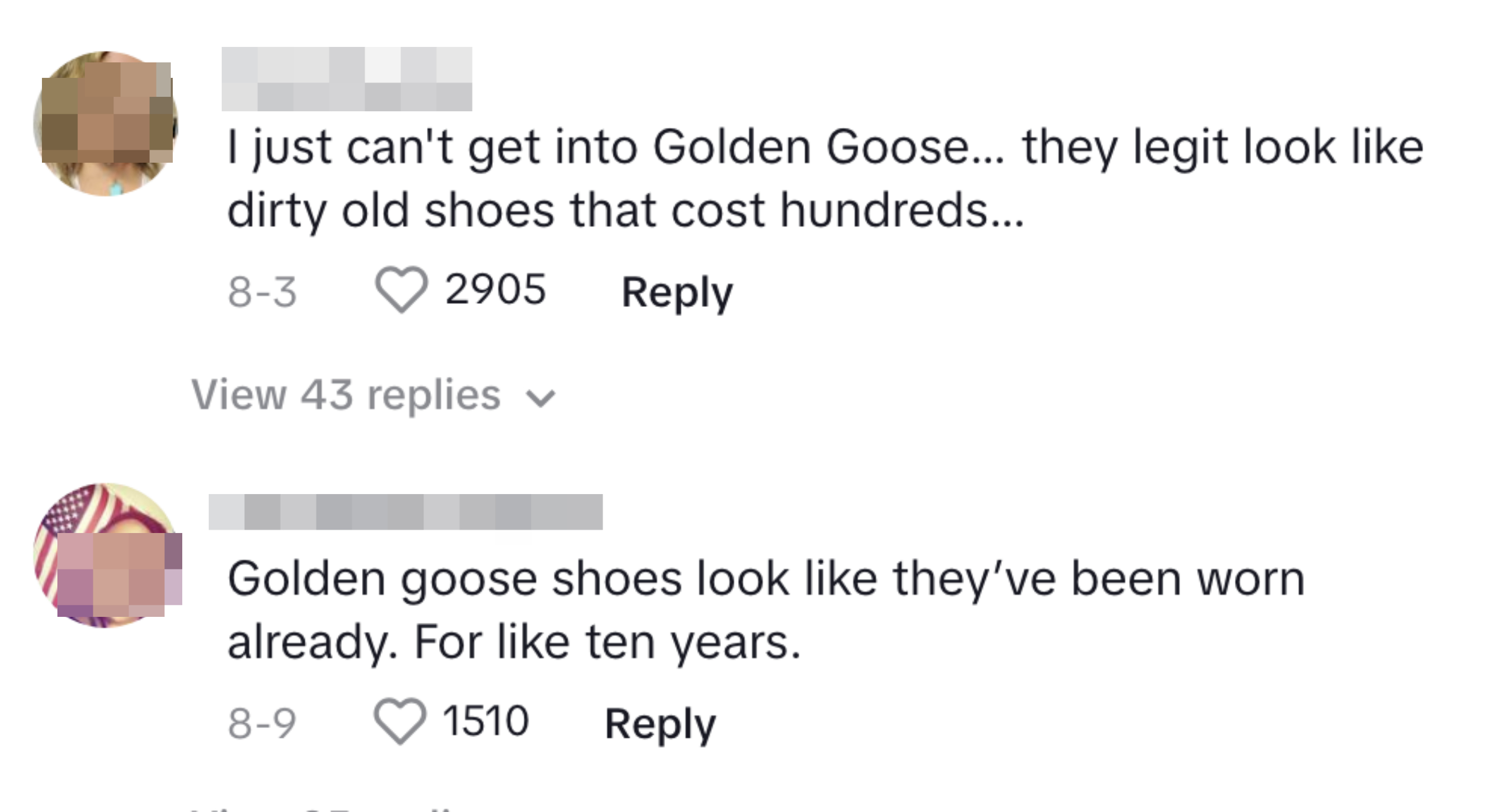 Commenters talking about Golden Goose sneakers and how they cost way too much money for coming "pre-worn"