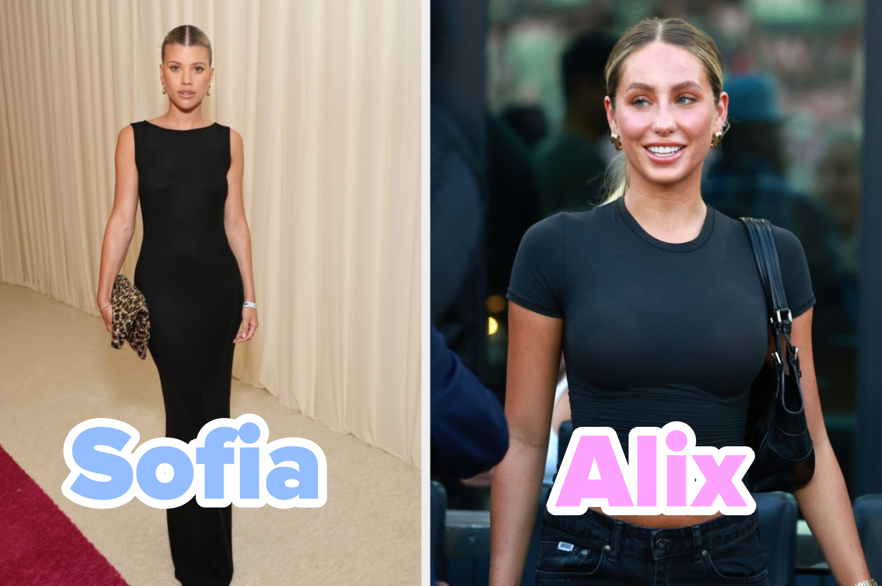 Sofia attending an event in a formal gown and Alix attending an event in a casual outfit