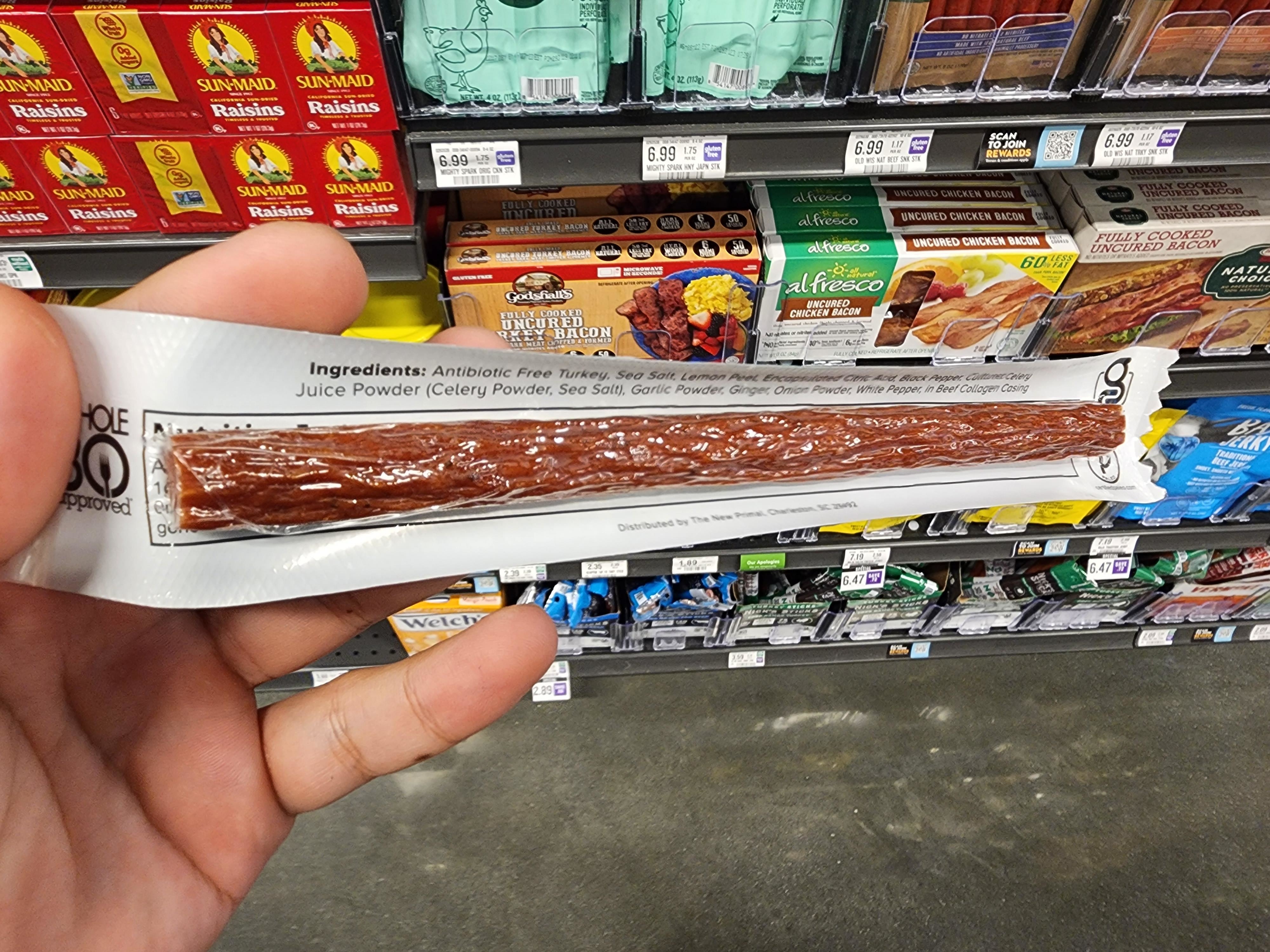 beef jerky stick covering the nutritional facts