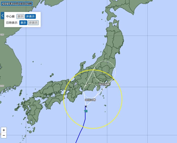 9月8日午前9時時点での台風13号の予報円（気象庁公式サイトより）