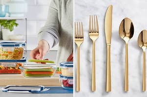 Left: food storage containers, Right: gold flatware