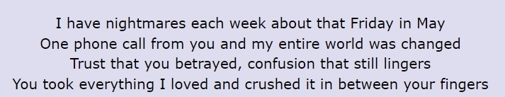 Screenshot of lyrics that include &quot;I have nightmares each week about that Friday in May / One phone call from you and my entire world was changed&quot;