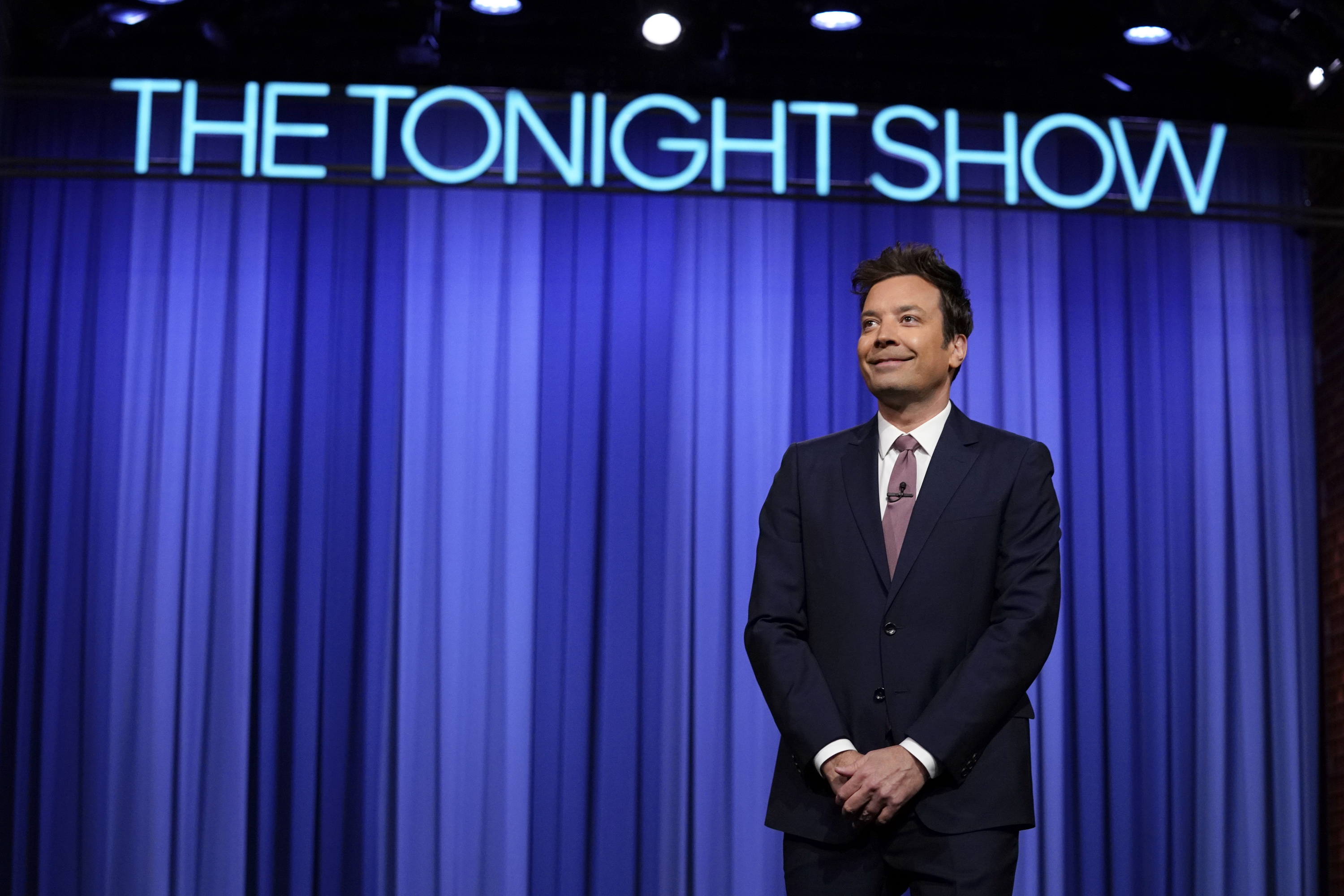 A close-up of Jimmy Fallon on the show&#x27;s stage