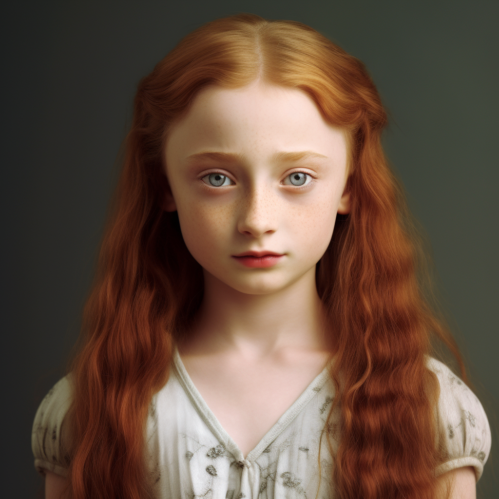 A serious-looking young girl with a light complexion, long red hair, and blue eyes
