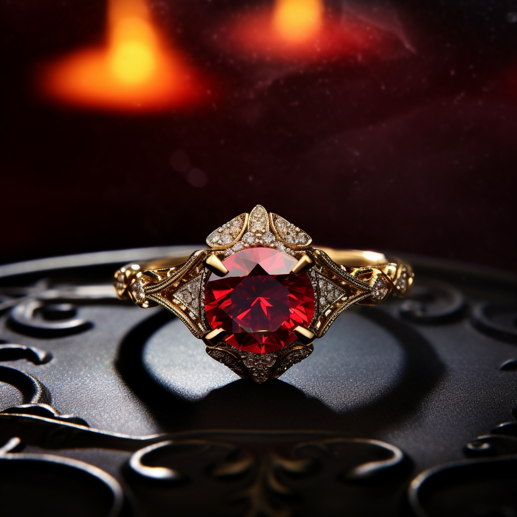 a gold ring with a a ruby-like gem in the middle and diamonds surrounding that larger gem in a triangular shape