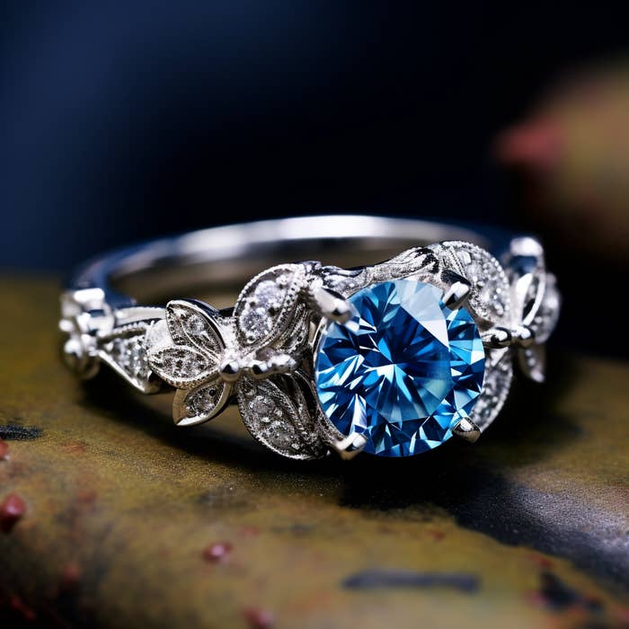 A silver engagement ring with a large, topaz-like gemstone in the middle and leaf-like metal details around the stone