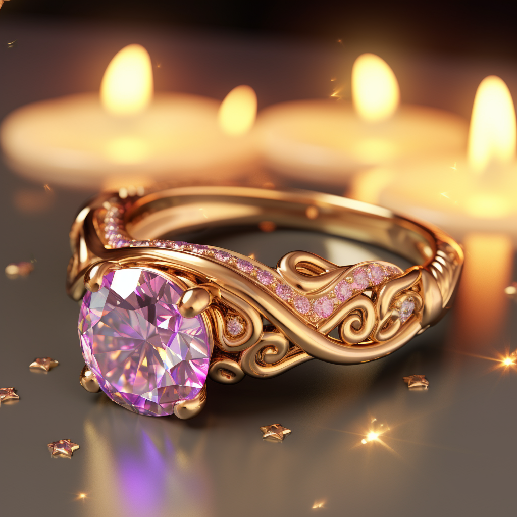 a braided, gold ring with a large, amethyst-like gem in the center and tiny gems above that