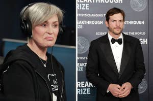 Sharon Osbourne frowns in an interview vs Ashton Kutcher poses with his hands clasped together