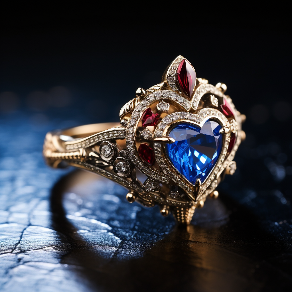 A gold ring with a blue topaz-like gem in the middle surrounded by a tiny diamonds in a heart shape with garnets and more tiny diamonds around the side and some tiny ruby-like gems scattered around