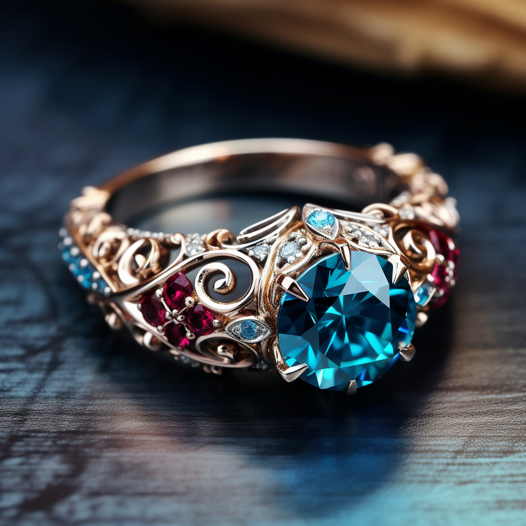 A twisty gold ring with a blue topaz-like gem in the center surrounded by tiny diamonds, ruby-like gems, and blue topaz-like gems