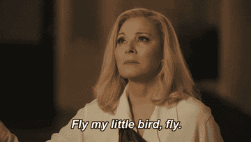 Kim Cattrall saying, &quot;fly my little bird, fly&quot;