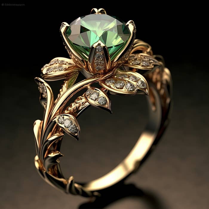 a gold ring with a peridot-like gem in the center surrounded by leaf-like details with tiny diamonds on them