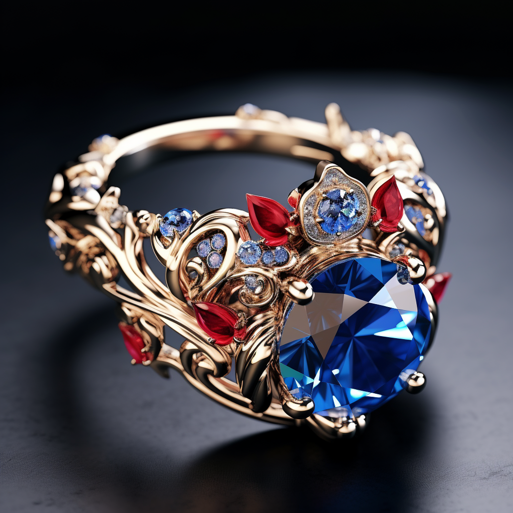 A gold ring with a sapphire-like gem in the middle surrounded by twisting bands of ruby-like gems and smaller sapphire-like gems