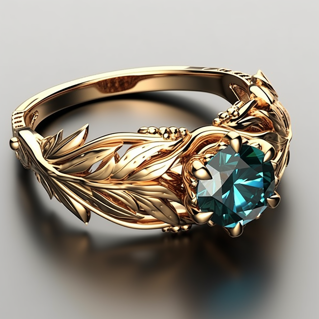 A gold ring with a twisty, vine-like band with an emerald-like gem in the center