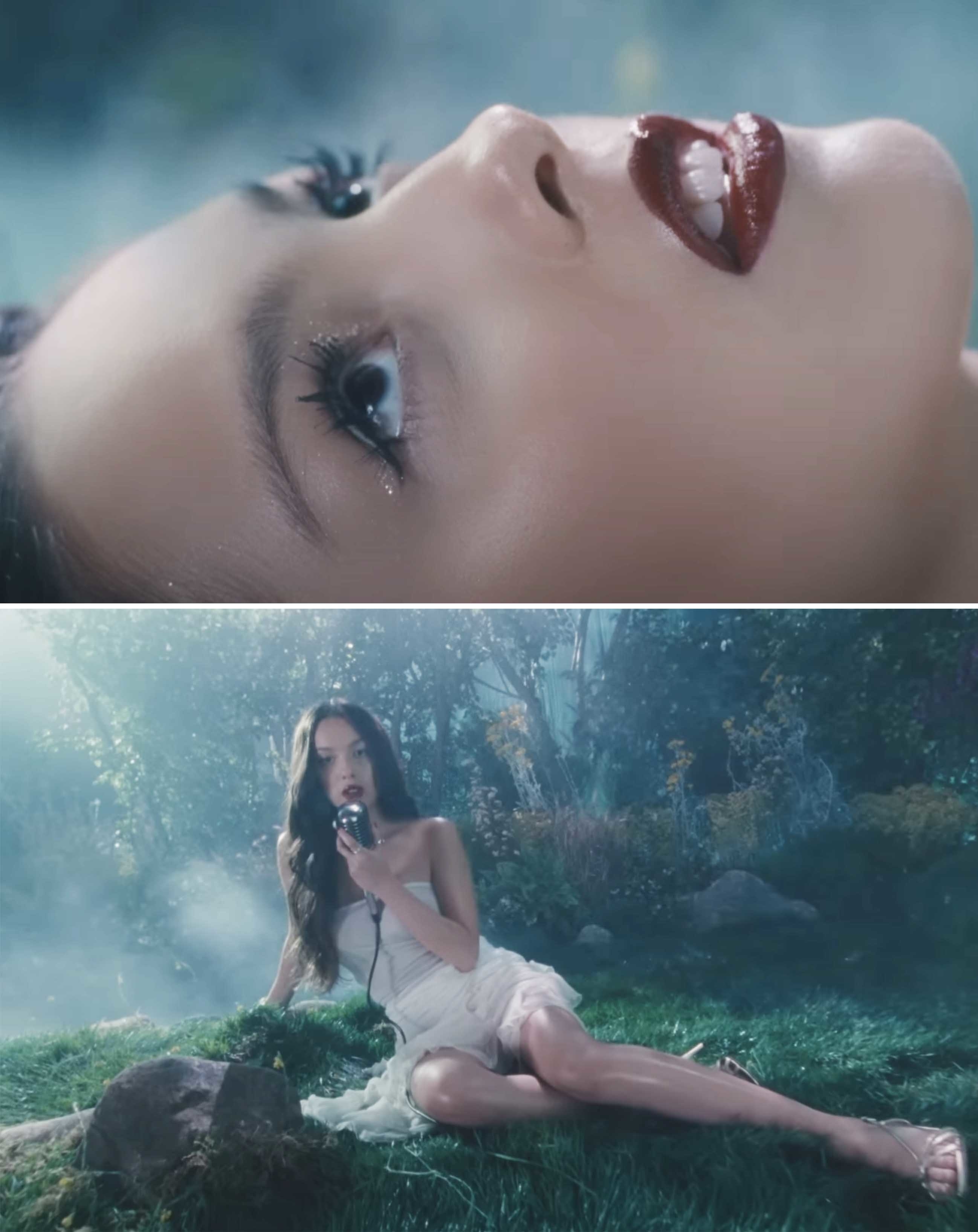 olivia singing in the woods in a music video