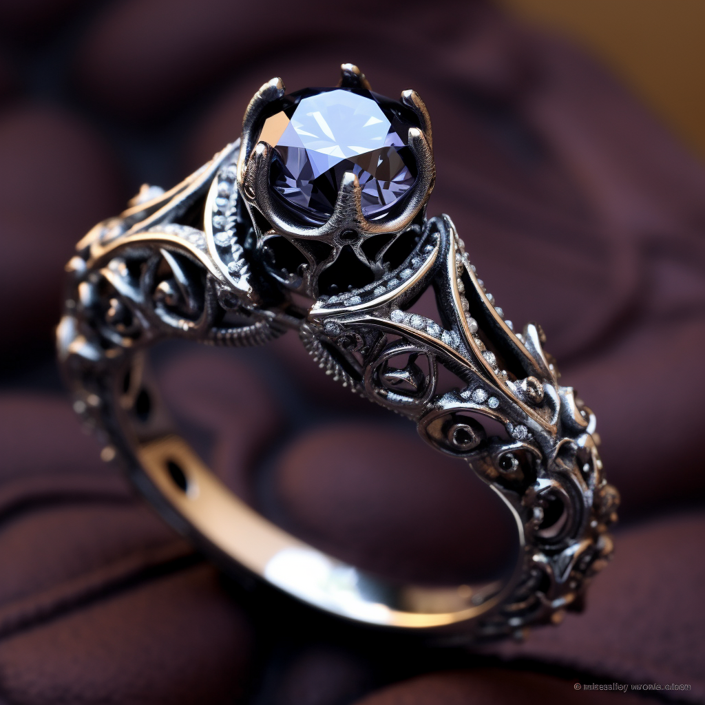 A twisty, silver ring with a dark diamond in the center