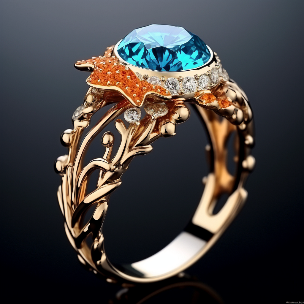 A twisty gold ring with a topaz-like gem in the cetner surrounded by a circle of tiny diamonds and imperial topaz-like gems
